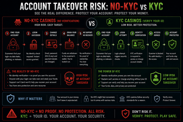 Account Takeover Risk: No-KYC vs KYC comparison diagram