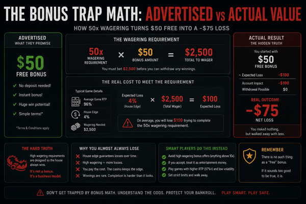 The Bonus Trap Math: Advertised vs Actual Value showing how 50x wagering turns $50 free into -$75 loss