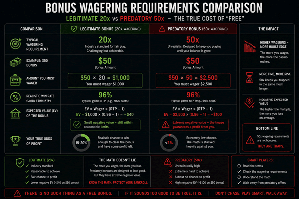 Bonus Wagering Requirements comparison: Legitimate 20x vs Predatory 50x showing negative value