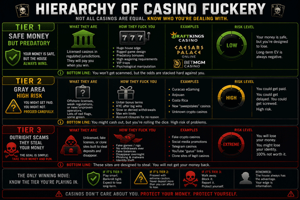 Hierarchy of Casino Fuckery infographic showing Tier 1 safe money but predatory, Tier 2 gray area high risk, Tier 3 outright scams that steal your money