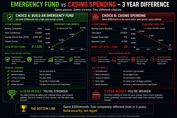 Emergency Fund vs Casino Spending - 3 Year Difference