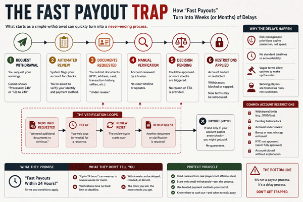 The Fast Payout Trap Process flowchart showing verification loops and account restrictions