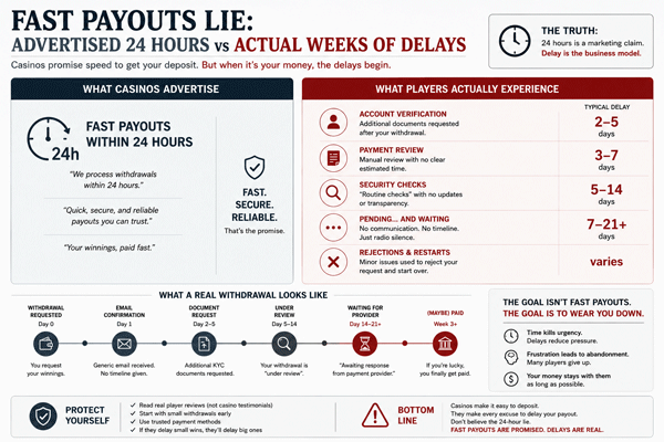 Fast Payouts Lie: Advertised 24 Hours vs Actual Weeks of Delays infographic