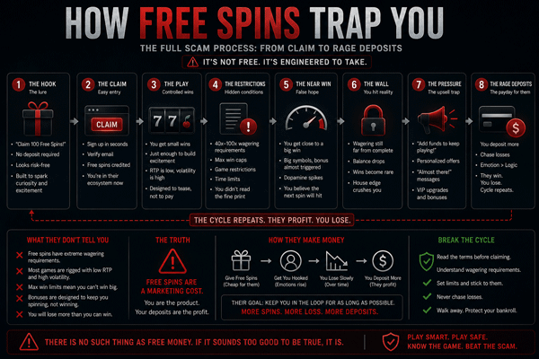 How Free Spins Trap You flowchart showing the full scam process from claim to rage deposits
