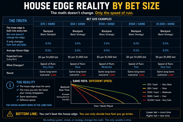 House Edge Reality by Bet Size chart showing only the speed of ruin changes