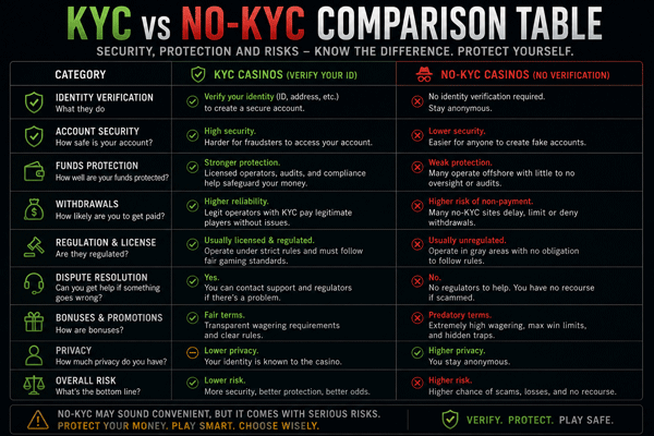 KYC vs No-KYC Comparison Table showing security, protection and risks side by side