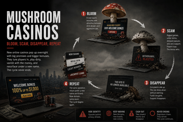 Mushroom Casinos - Bloom, Scam, Disappear, Repeat