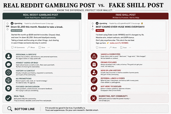 Real Reddit Gambling Post vs Fake Shill Post comparison