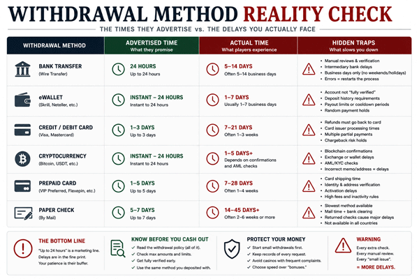 Withdrawal Method Reality Check comparison table showing advertised vs actual times and hidden traps